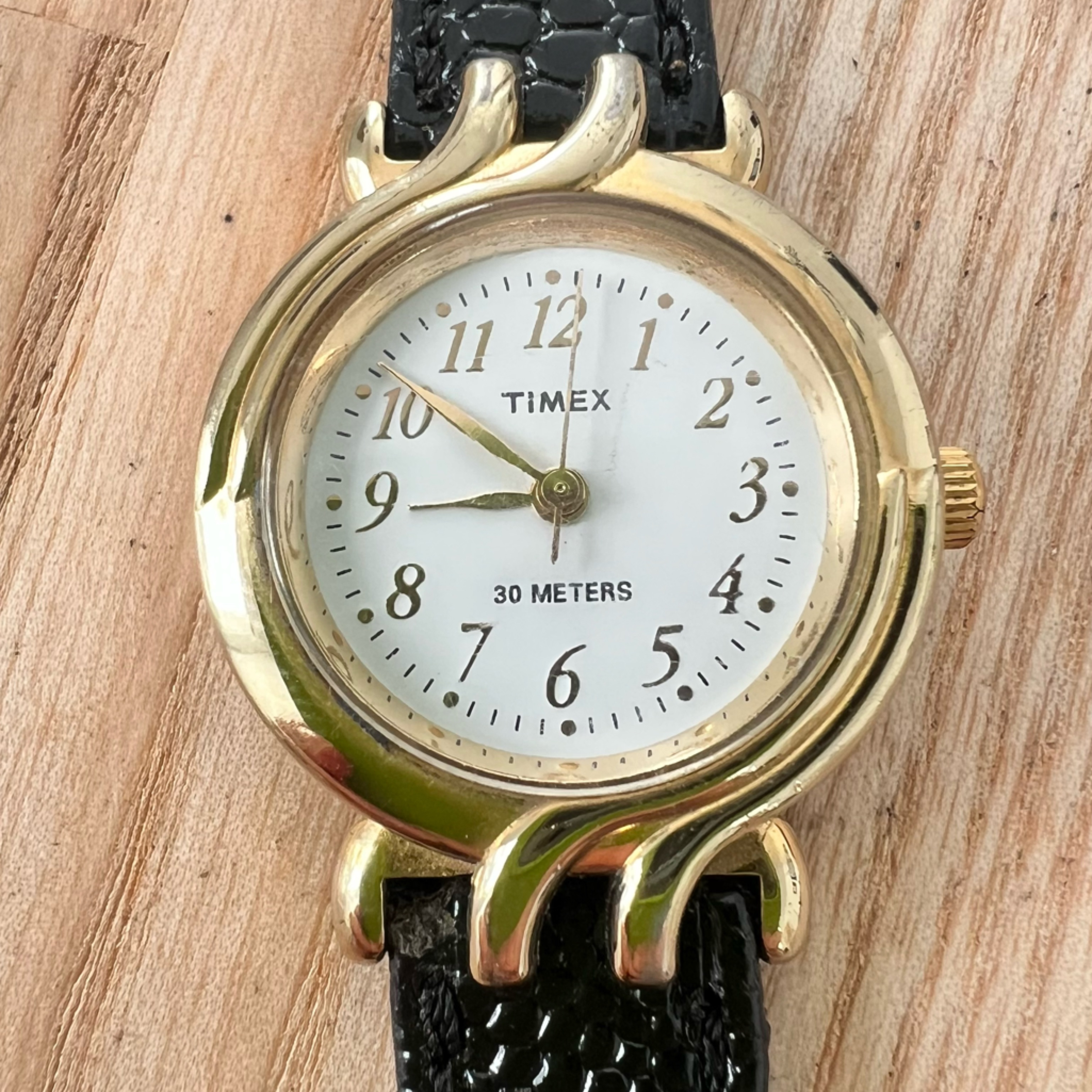Vintage Timex Ladies Gold Tone Black Leather Watch New Battery